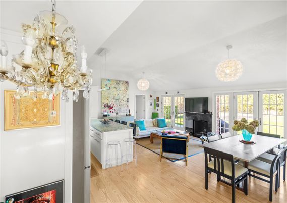 Chandelier, Dining room, Fireplace, Interior, Living room, Pendant Lights, Wood Texture Flooring