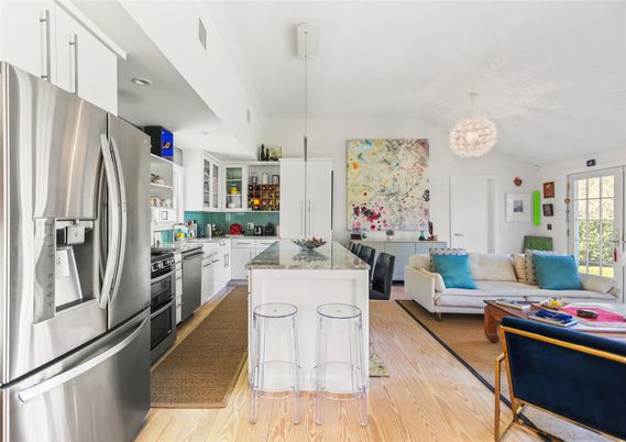Interior, Kitchen, Living room, Pendant Lights, Stainless Steel Appliances, Wood Texture Flooring