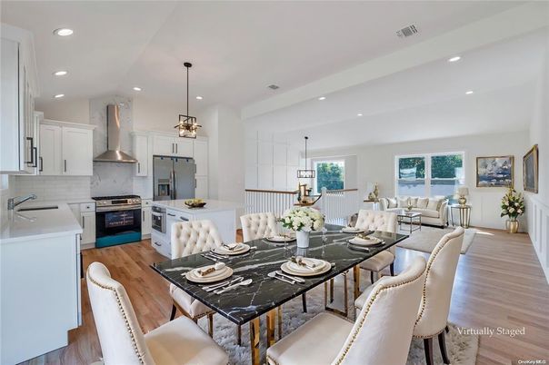 Dining room, Interior, Kitchen, Living room, Pendant Lights, Recessed Lighting, Stainless Steel Appliances, Wood Texture Flooring