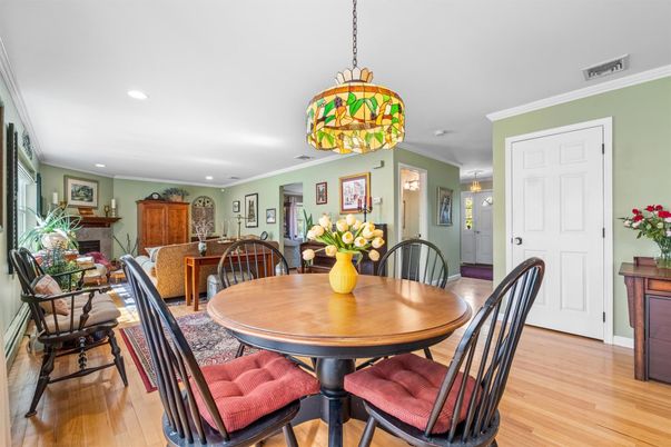 Dining room, Fireplace, Interior, Pendant Lights, Recessed Lighting, Wood Texture Flooring
