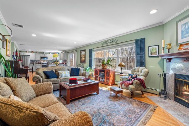 Fireplace, Interior, Kitchen, Living room, Pendant Lights, Recessed Lighting, Wood Texture Flooring