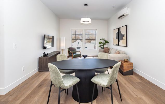 Dining room, Interior, Pendant Lights, Wood Texture Flooring