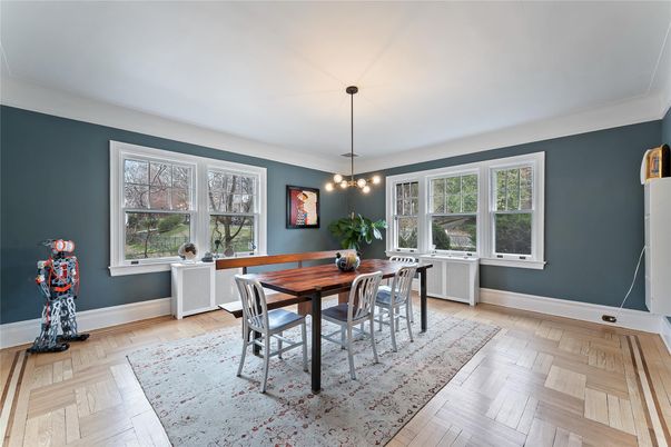 Dining room, Interior, Pendant Lights, Wood Texture Flooring