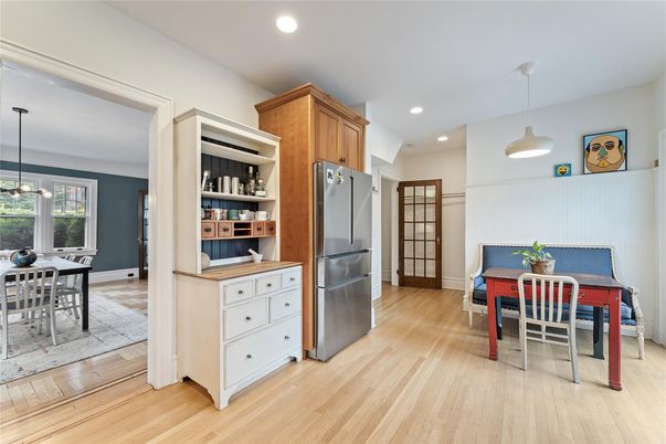 Dining room, Interior, Kitchen, Pendant Lights, Recessed Lighting, Wood Texture Flooring