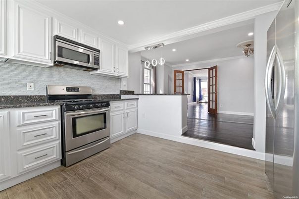 Interior, Kitchen, Pendant Lights, Recessed Lighting, Stainless Steel Appliances, Wood Texture Flooring