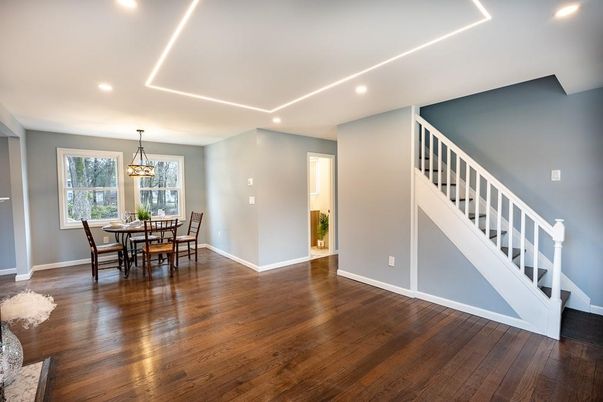 Dining room, Interior, Pendant Lights, Recessed Lighting, Wood Texture Flooring