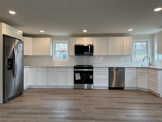 Interior, Kitchen, Recessed Lighting, Stainless Steel Appliances, Wood Texture Flooring