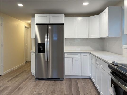 Interior, Kitchen, Recessed Lighting, Stainless Steel Appliances, Wood Texture Flooring