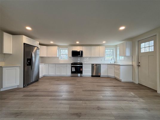 Interior, Kitchen, Recessed Lighting, Stainless Steel Appliances, Wood Texture Flooring