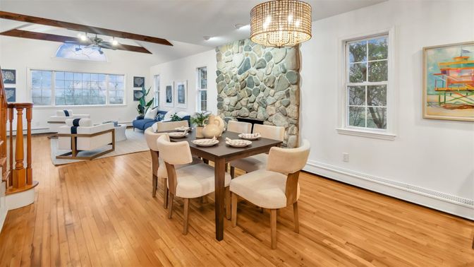 Dining room, Fireplace, Interior, Living room, Stone Walls, Wooden Beams, Wood Texture Flooring