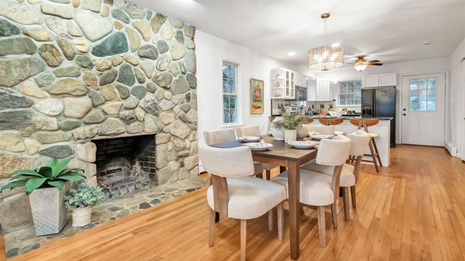 Dining room, Fireplace, Interior, Kitchen, Pendant Lights, Recessed Lighting, Stone Walls, Wood Texture Flooring