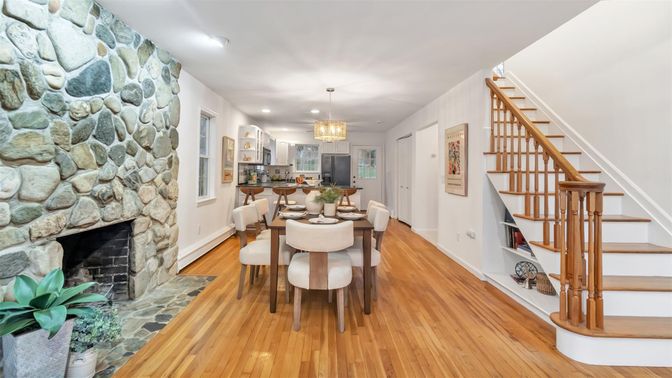 Chandelier, Dining room, Fireplace, Interior, Kitchen, Pendant Lights, Recessed Lighting, Stone Walls, Wood Texture Flooring