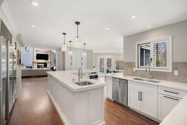 Fireplace, Interior, Kitchen, Living room, Pendant Lights, Recessed Lighting, Stainless Steel Appliances, Wood Texture Flooring