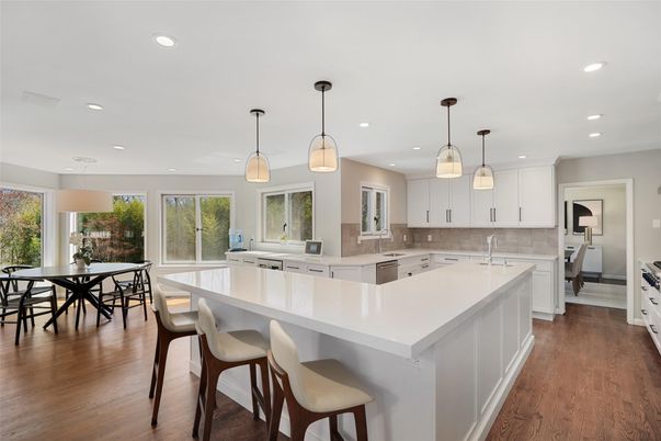Dining room, Interior, Kitchen, Pendant Lights, Recessed Lighting, Wood Texture Flooring