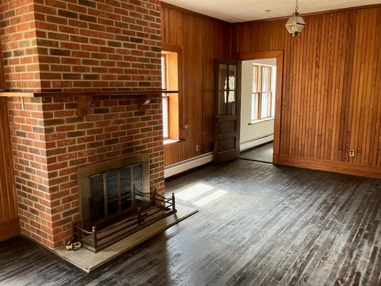 Fireplace, Interior, Pendant Lights, Stone Walls, Wood Texture Flooring, Wooden Walls
