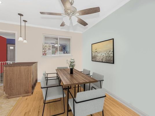 Dining room, Interior, Pendant Lights, Recessed Lighting, Wood Texture Flooring