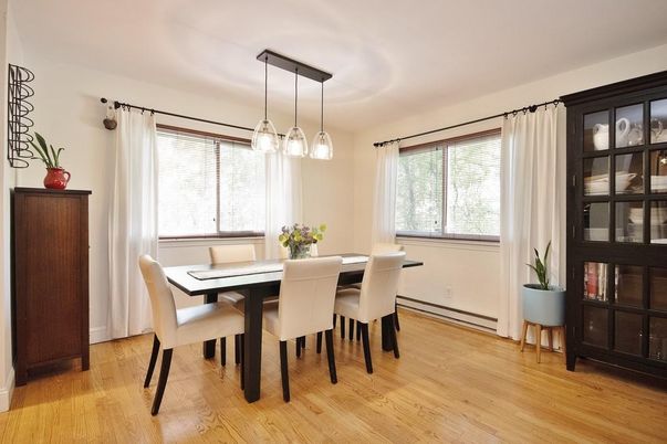 Dining room, Interior, Pendant Lights, Wood Texture Flooring