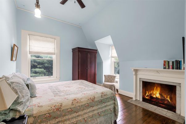 Bedroom, Fireplace, Interior, Pendant Lights, Wood Texture Flooring