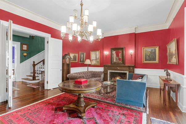 Chandelier, Fireplace, Interior, Living room, Wood Texture Flooring