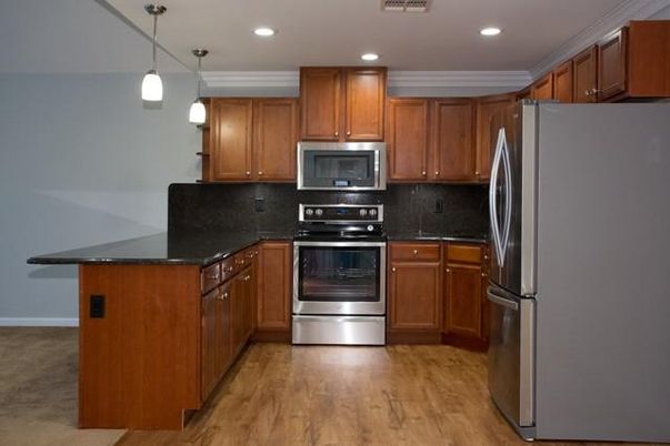 Interior, Kitchen, Pendant Lights, Recessed Lighting, Stainless Steel Appliances, Wood Texture Flooring