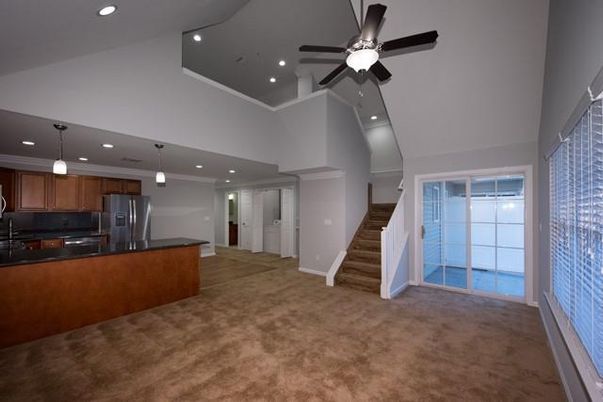 Empty room, Interior, Kitchen, Pendant Lights, Recessed Lighting, Stainless Steel Appliances