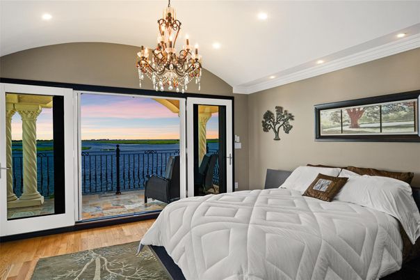 Bedroom, Chandelier, Interior, Recessed Lighting, Water, Wood Texture Flooring