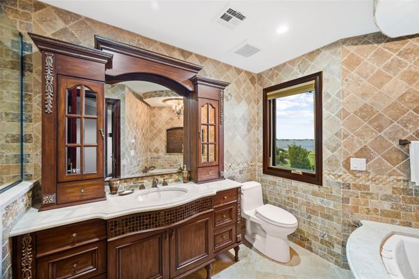 Bathroom, Interior, Recessed Lighting, Stone Walls