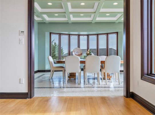 Dining room, Interior, Recessed Lighting, Wood Texture Flooring