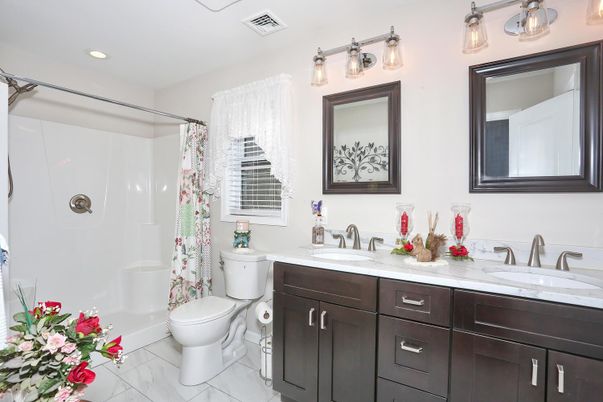 Bathroom, Dual Sink Vanities, Interior, Marble, Recessed Lighting