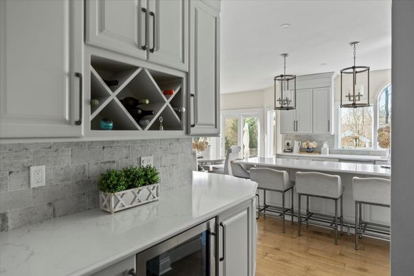 Interior, Kitchen, Pendant Lights, Stone Walls, Wood Texture Flooring