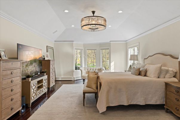 Bedroom, Chandelier, Interior, Recessed Lighting, Wood Texture Flooring