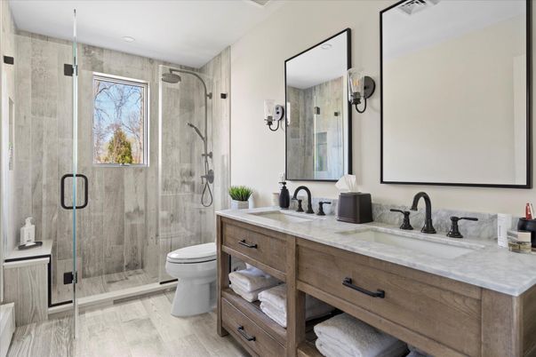 Bathroom, Dual Sink Vanities, Glass Shower, Interior, Recessed Lighting