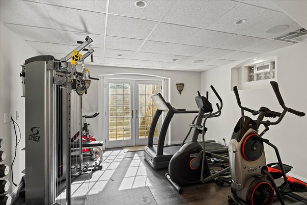 Fitness Equipment, Gym, Interior, Recessed Lighting, Wood Texture Flooring
