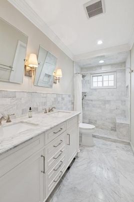 Bathroom, Dual Sink Vanities, Glass Shower, Interior, Marble, Recessed Lighting