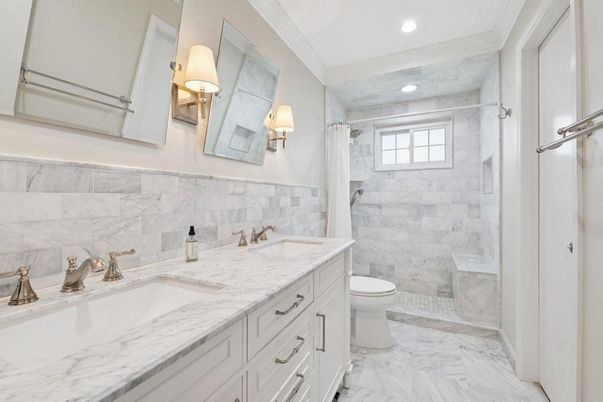 Bathroom, Dual Sink Vanities, Interior, Marble, Marble Walls, Recessed Lighting
