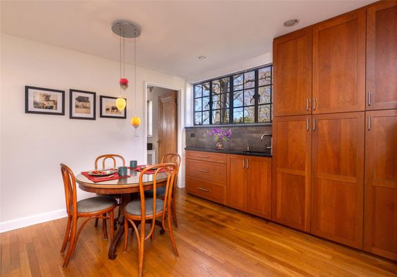 Dining room, Interior, Pendant Lights, Recessed Lighting, Wood Texture Flooring