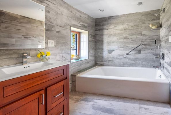 Bathroom, Interior, Marble Walls, Recessed Lighting, Wooden Walls