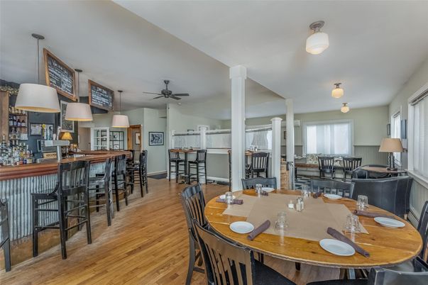 Dining room, Interior, Pendant Lights, Wood Texture Flooring
