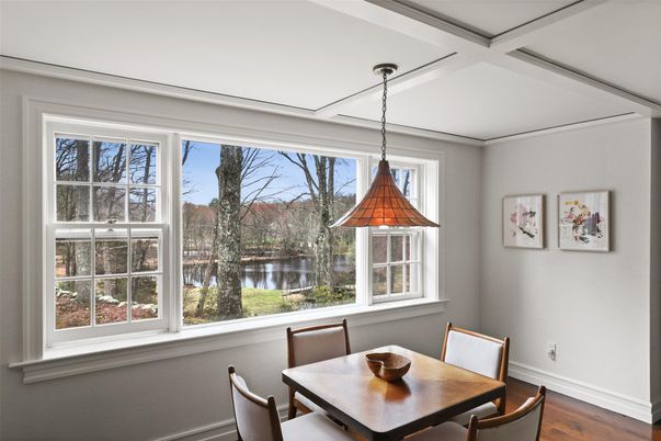 Dining room, Interior, Pendant Lights, Water, Wood Texture Flooring