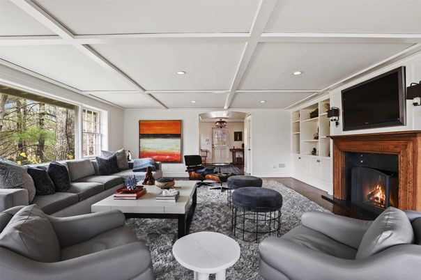 Fireplace, Interior, Living room, Recessed Lighting, Wood Texture Flooring