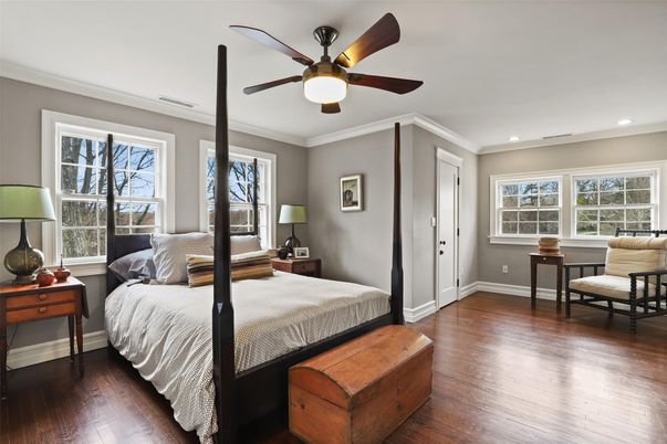 Bedroom, Interior, Recessed Lighting, Wood Texture Flooring
