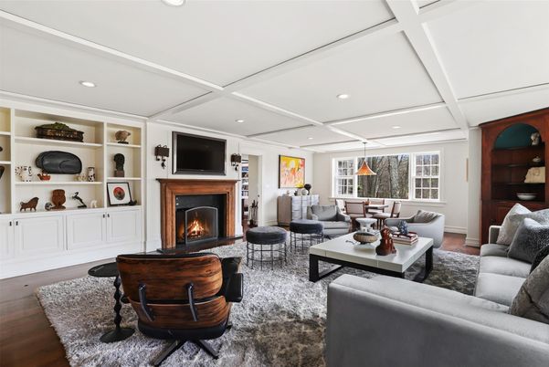 Dining room, Fireplace, Interior, Living room, Pendant Lights, Recessed Lighting, Wood Texture Flooring