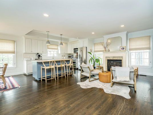 Fireplace, Interior, Kitchen, Living room, Pendant Lights, Recessed Lighting, Stainless Steel Appliances, Wood Texture Flooring