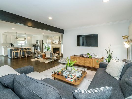 Fireplace, Interior, Kitchen, Living room, Pendant Lights, Recessed Lighting, Stainless Steel Appliances, Wood Texture Flooring