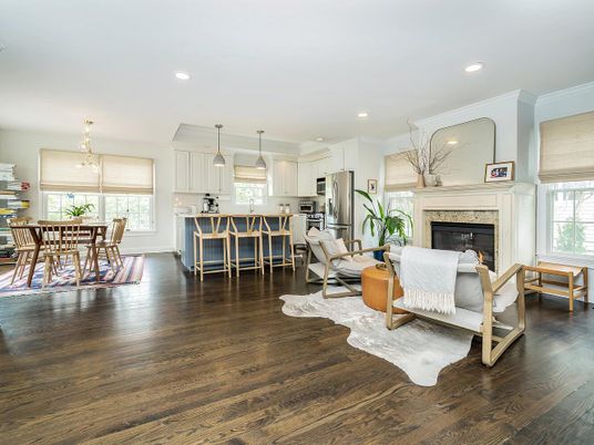 Dining room, Fireplace, Interior, Kitchen, Living room, Pendant Lights, Recessed Lighting, Stainless Steel Appliances, Wood Texture Flooring