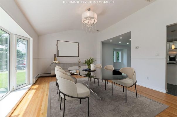 Chandelier, Dining room, Interior, Projection Screen, Recessed Lighting, Wood Texture Flooring