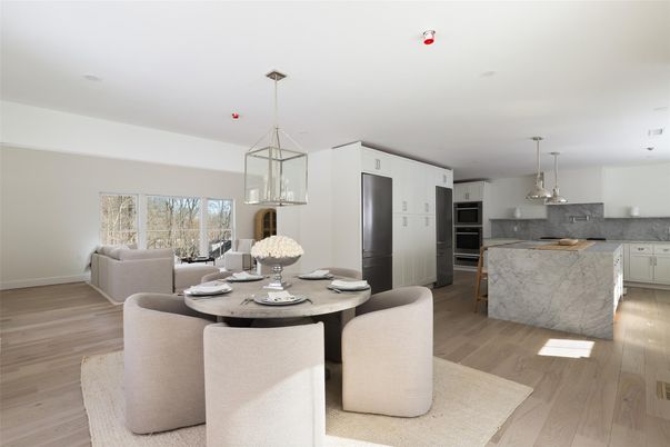 Dining room, Interior, Kitchen, Pendant Lights, Stainless Steel Appliances, Wood Texture Flooring
