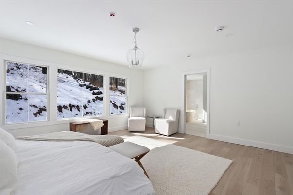 Bedroom, Interior, Pendant Lights, Recessed Lighting, Wood Texture Flooring