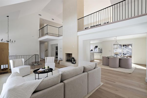 Dining room, Fireplace, Interior, Living room, Pendant Lights, Wood Texture Flooring