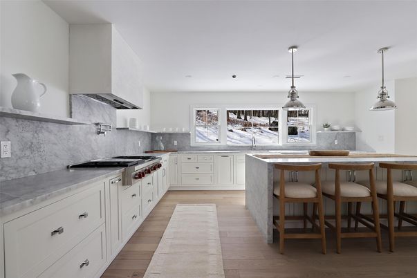 Interior, Kitchen, Marble Walls, Pendant Lights, Recessed Lighting, Wood Texture Flooring